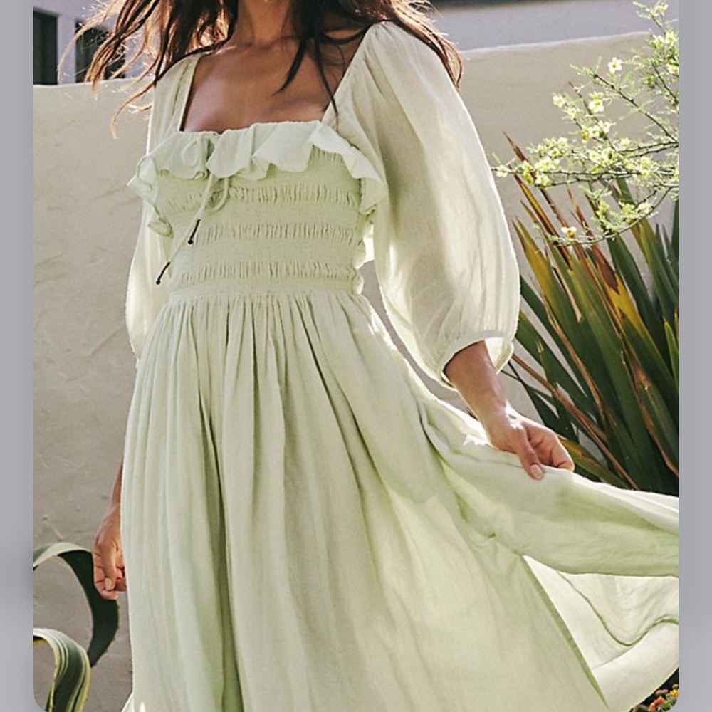 Free people Oasis Smocked cute tie MIDI dress in Tender Fern